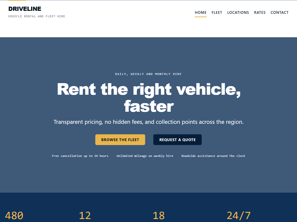The Driveline theme shown on a vehicle rental front page, with a rental hero, a fleet grid of vehicle cards and a rate plan table.