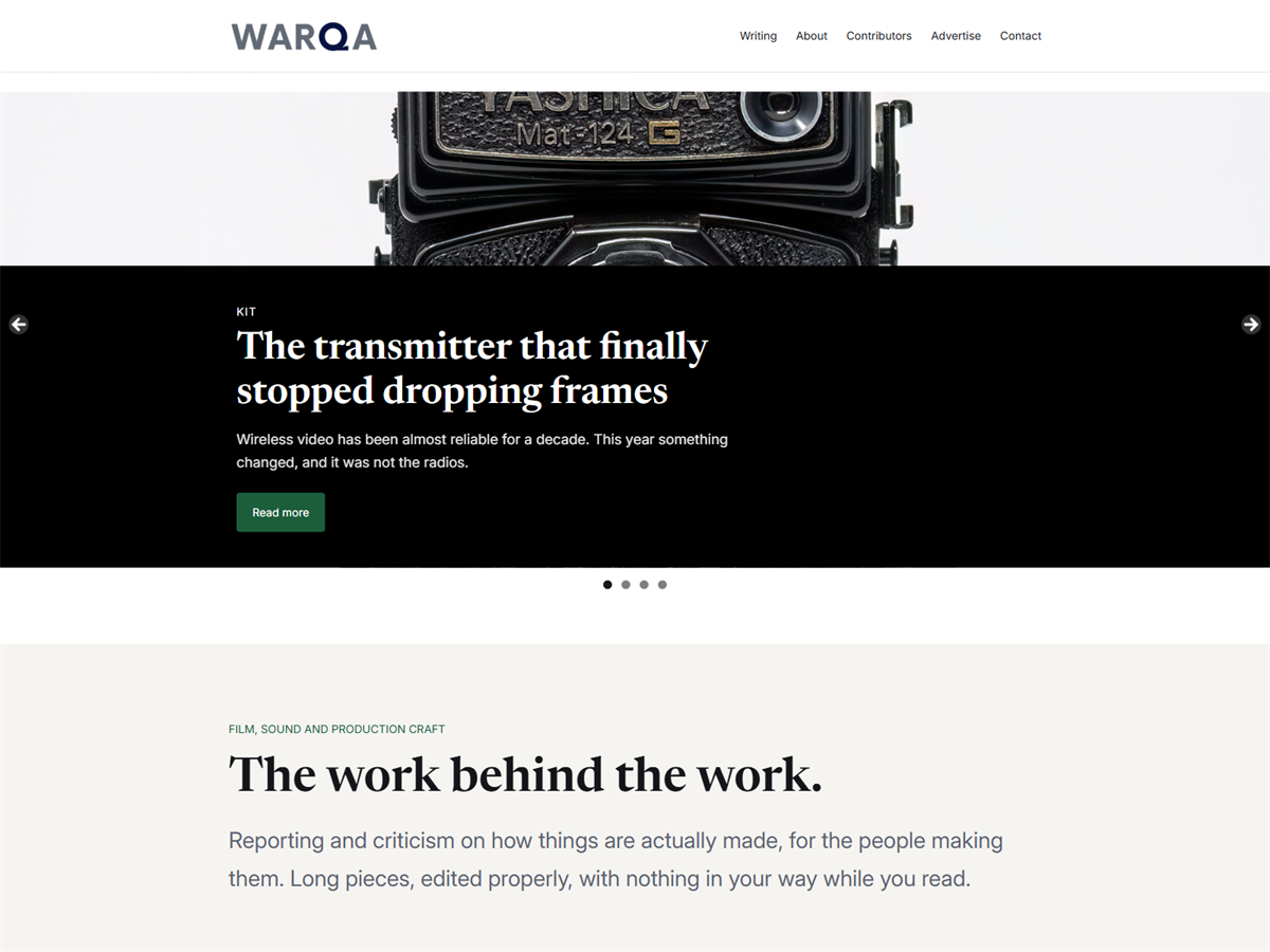 The Warqa theme shown on a magazine-style front page, with a serif headline hierarchy, a two-column layout and a right sidebar.