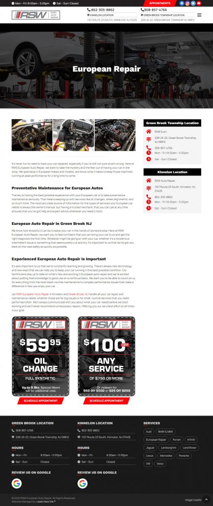 Euro Auto Repair Website Design​
