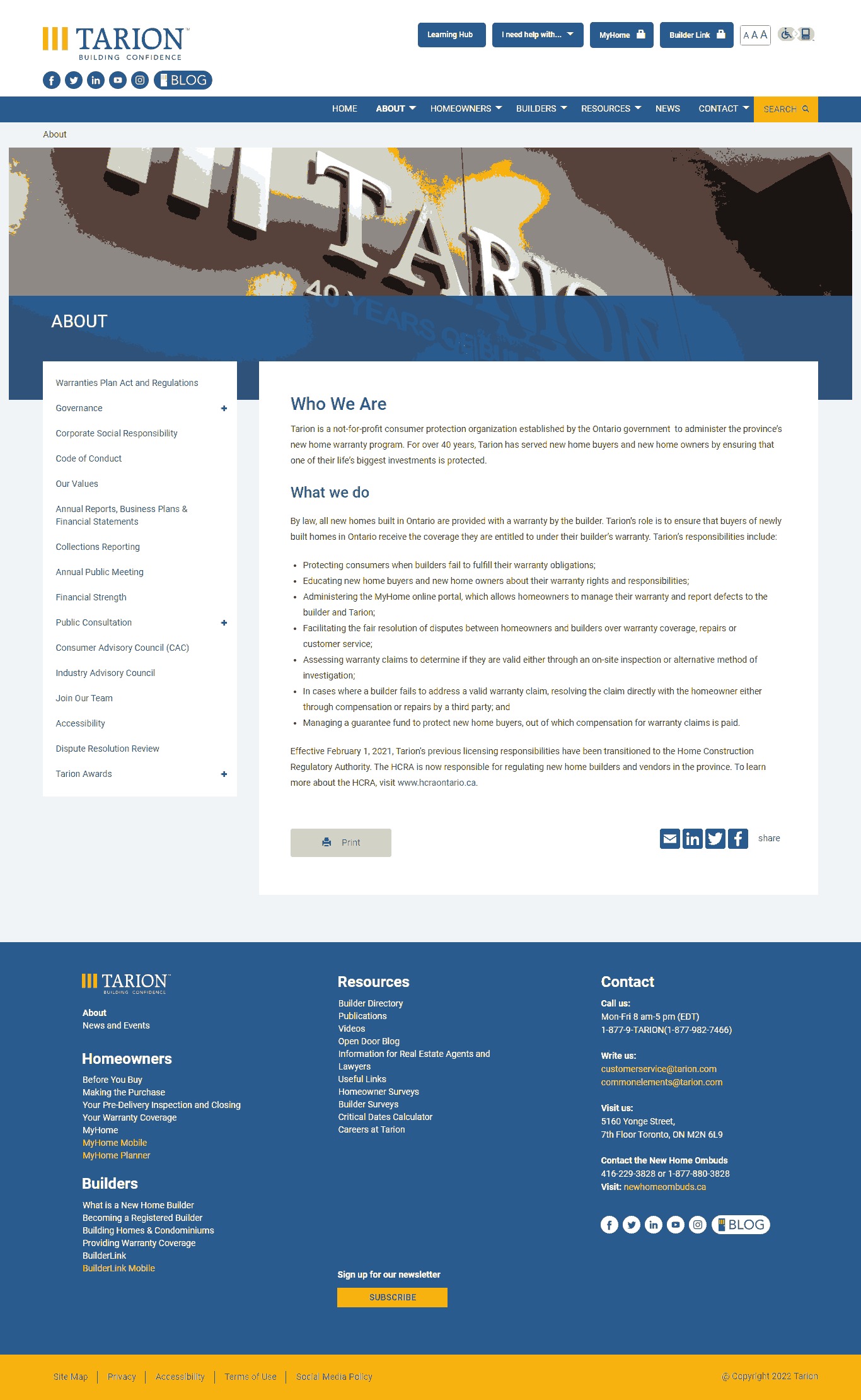 Tarion Website Copy and Content Writing​