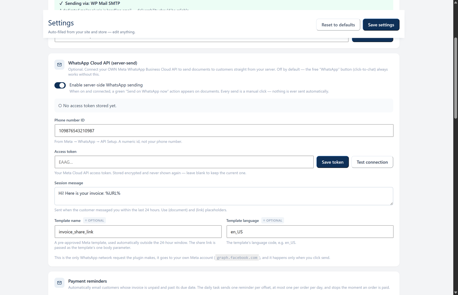 WhatsApp Cloud API settings